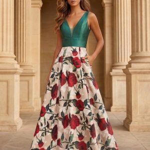 Vestido largo de fiesta Mikado estampado rosas